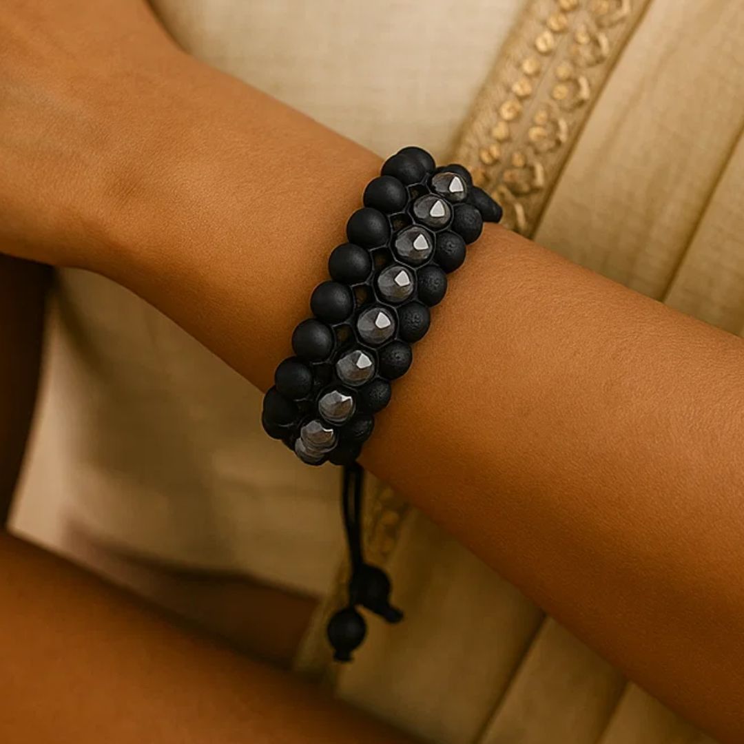 Pyrite Bracelet with Black Obsidian Beads