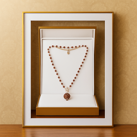 5 Mukhi Silver Rudraksha Mala - with Natural 6 Mukhi Rudraksha Pendant