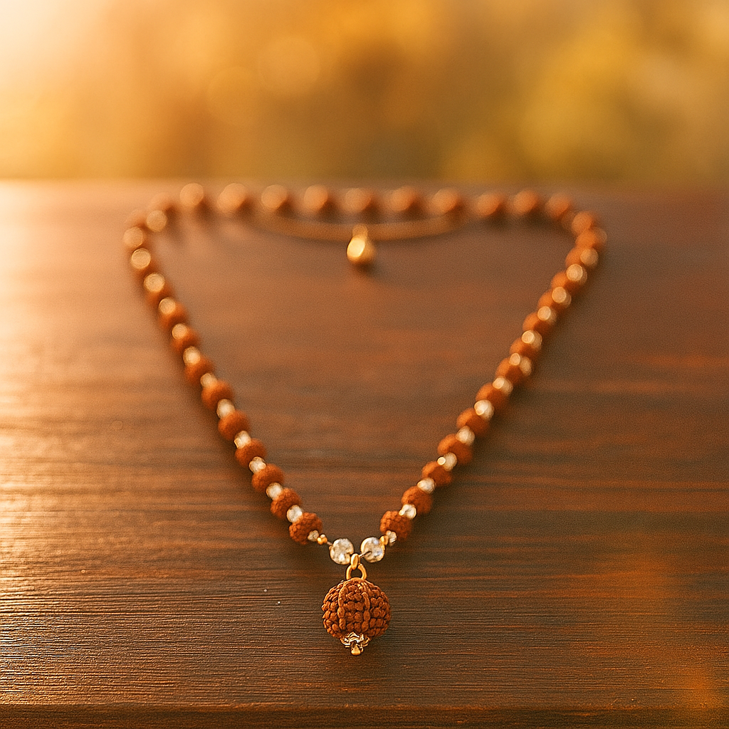 5 Mukhi Silver Rudraksha Mala - with Natural 6 Mukhi Rudraksha Pendant