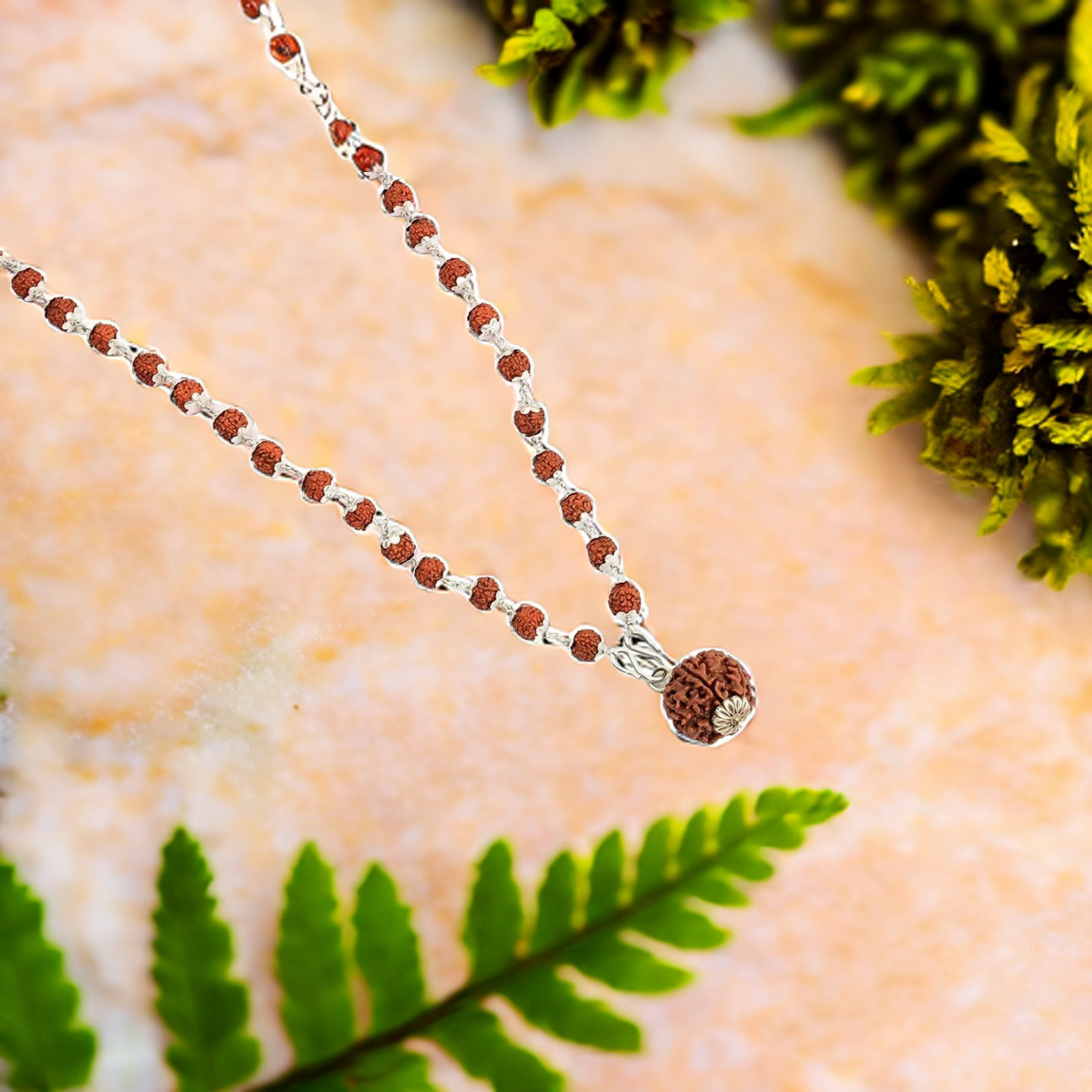 5 Mukhi Silver Rudraksha Mala - with Natural 6 Mukhi Rudraksha Pendant