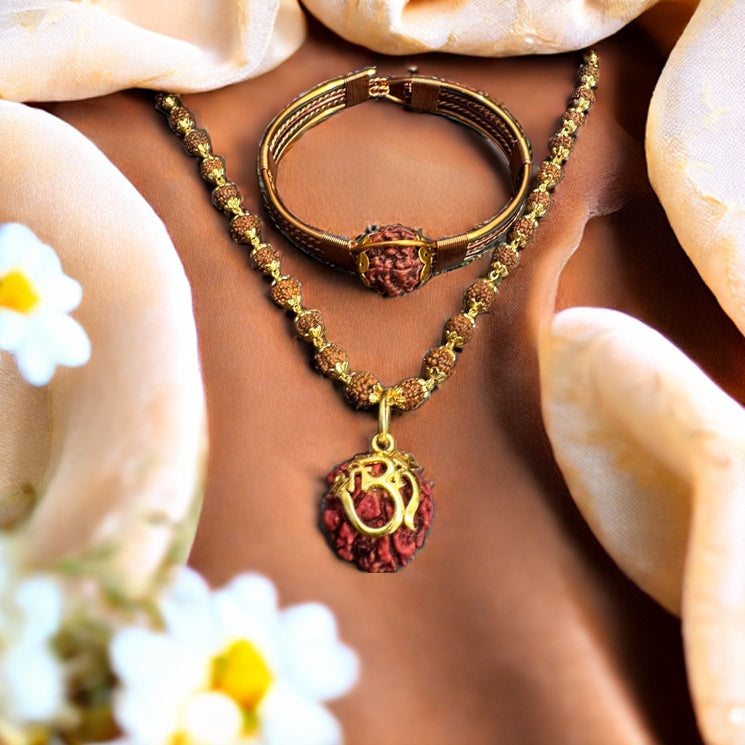 Rudraksha Necklace Om Shree Design Gold Plated