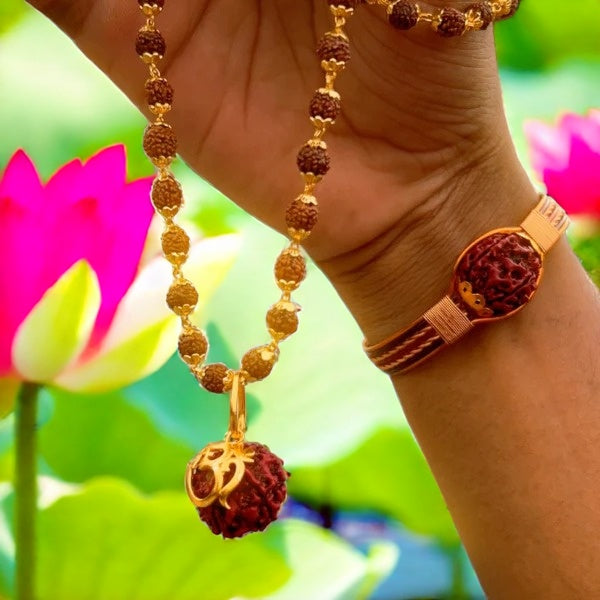 Rudraksha Necklace Om Shree Design Gold Plated