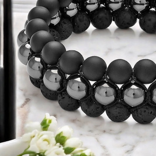 Pyrite Bracelet with Black Obsidian Beads