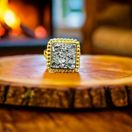 Pyrite Natural Adjustable Ring Premium Gold