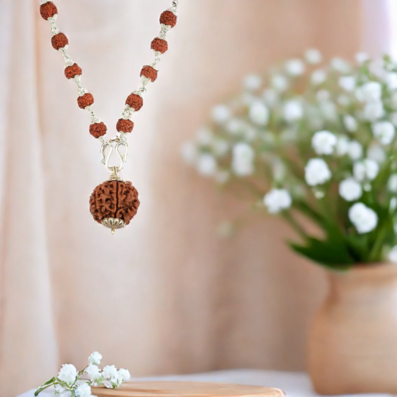 5 Mukhi Silver Rudraksha Mala - with Natural 6 Mukhi Rudraksha Pendant