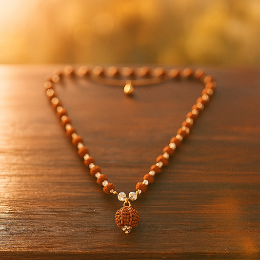 5 Mukhi Silver Rudraksha Mala - with Natural 6 Mukhi Rudraksha Pendant