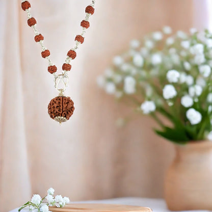 5 Mukhi Silver Rudraksha Mala - with Natural 6 Mukhi Rudraksha Pendant